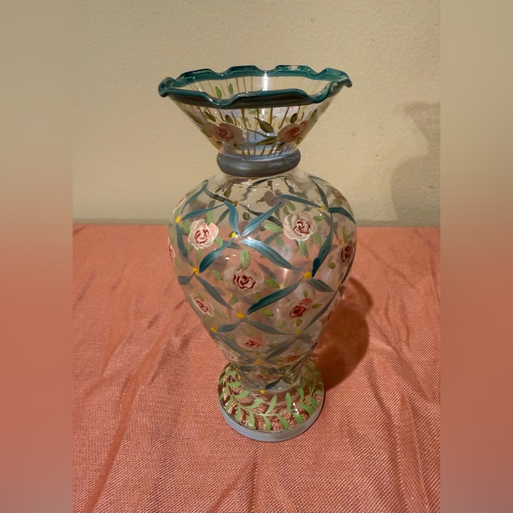 Tracy Porter Hand-Painted Glass Floral Ruffled Top Bud Vase